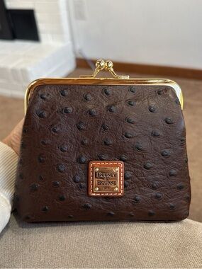Dooney & Bourke Dark Brown Ostrich-Embossed Kiss-Lock Wallet with Gold Hardware
